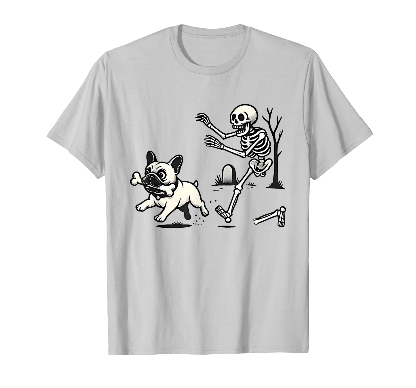 Skeleton Chasing French Bulldog Biting Leg Bone Halloween T-Shirt