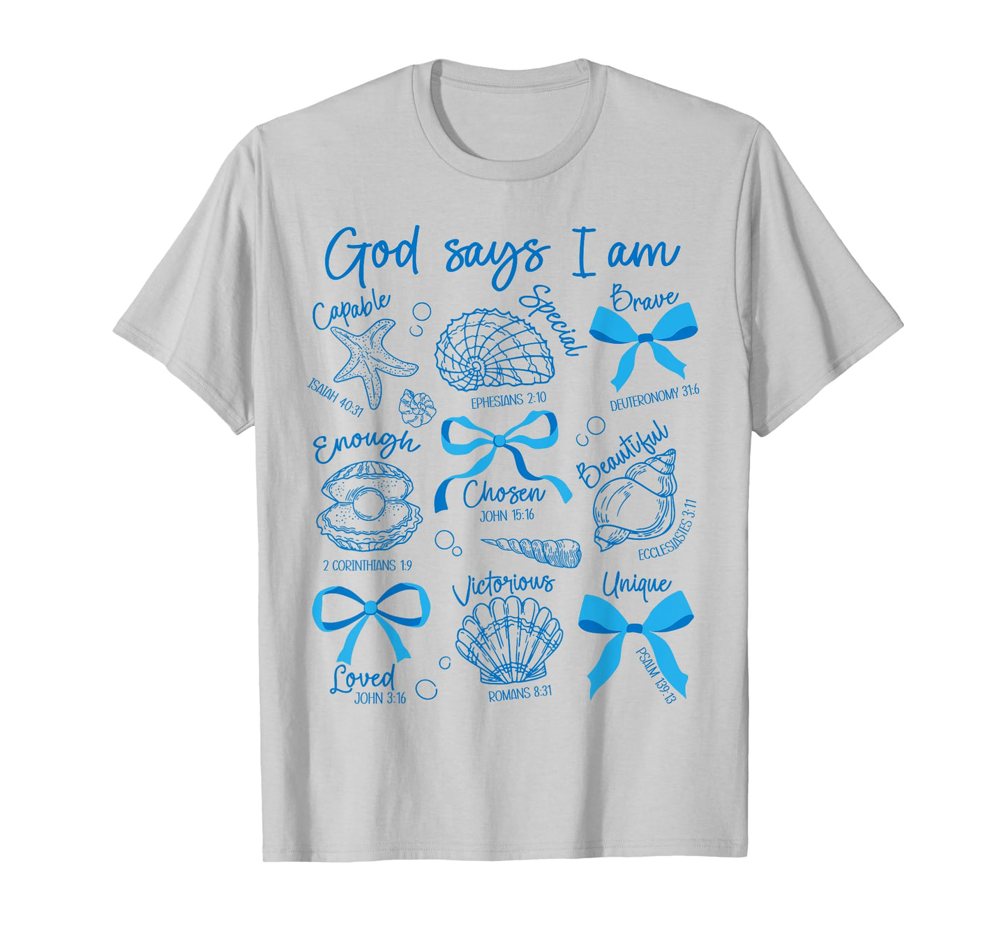 God Says I Am Seashell Starfish Ocean Coquette Bow Christian T-Shirt