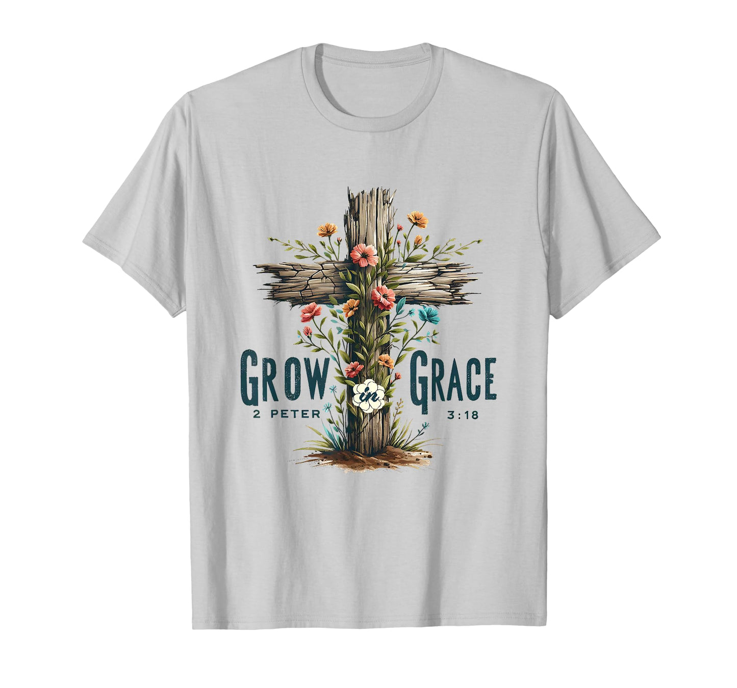 Christian Grow in Grace Bible Floral Cross T-Shirt