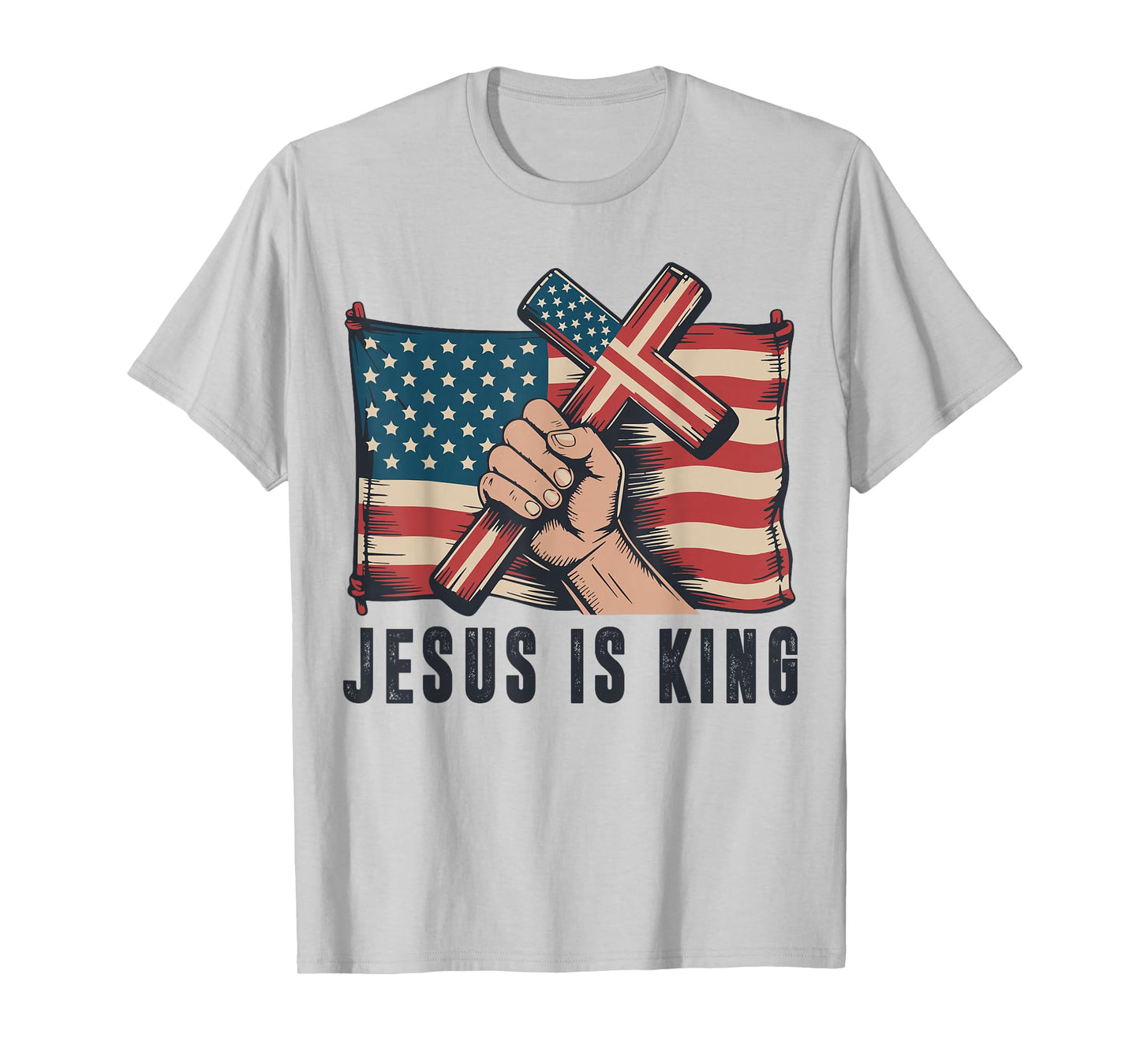 Mens Jesus is King Christian Patriotic Cross American Flag T-Shirt