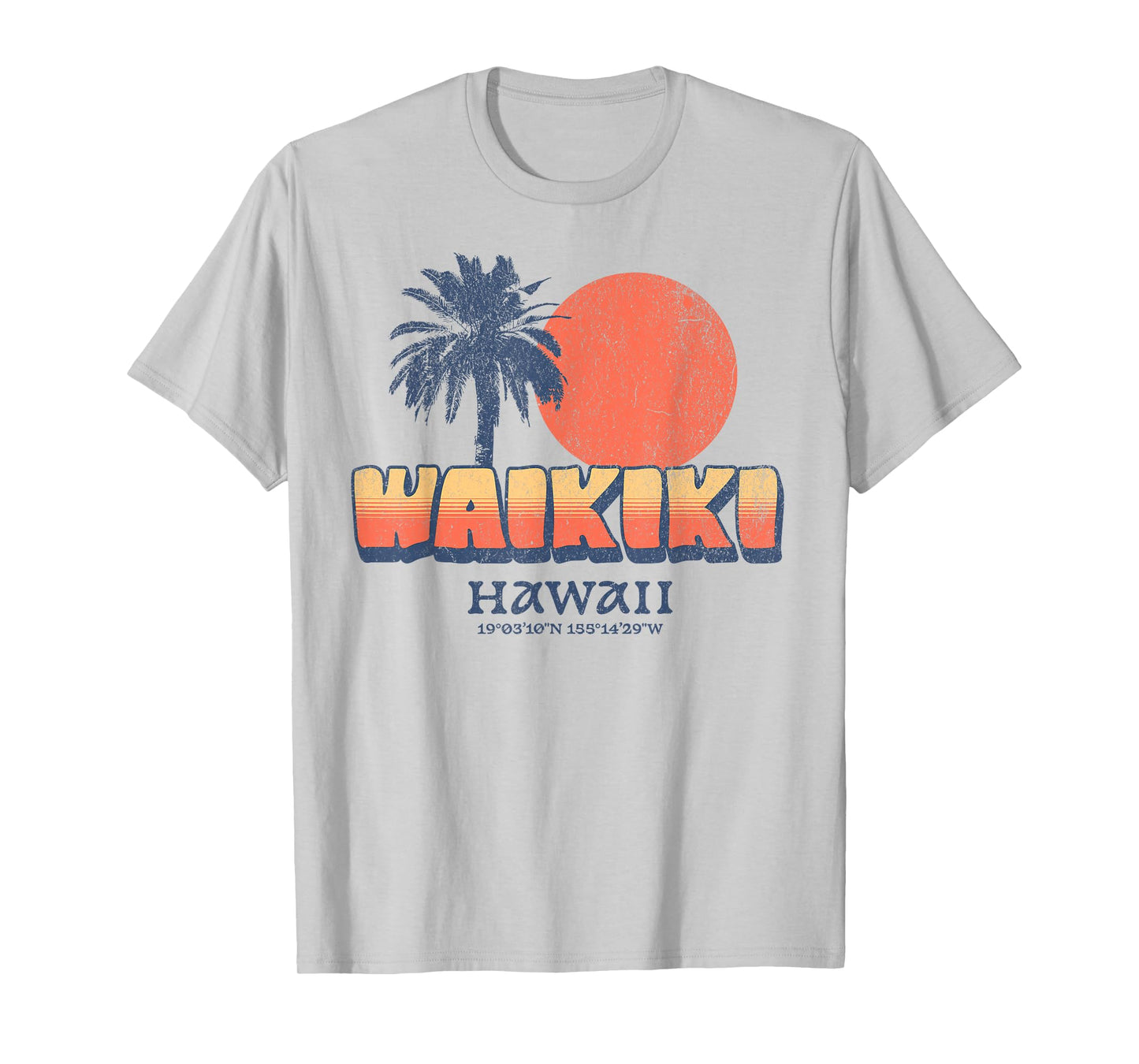 Funny Waikiki Hawaii Retro Sunset Palm Tree Hawaiian Beach T-Shirt
