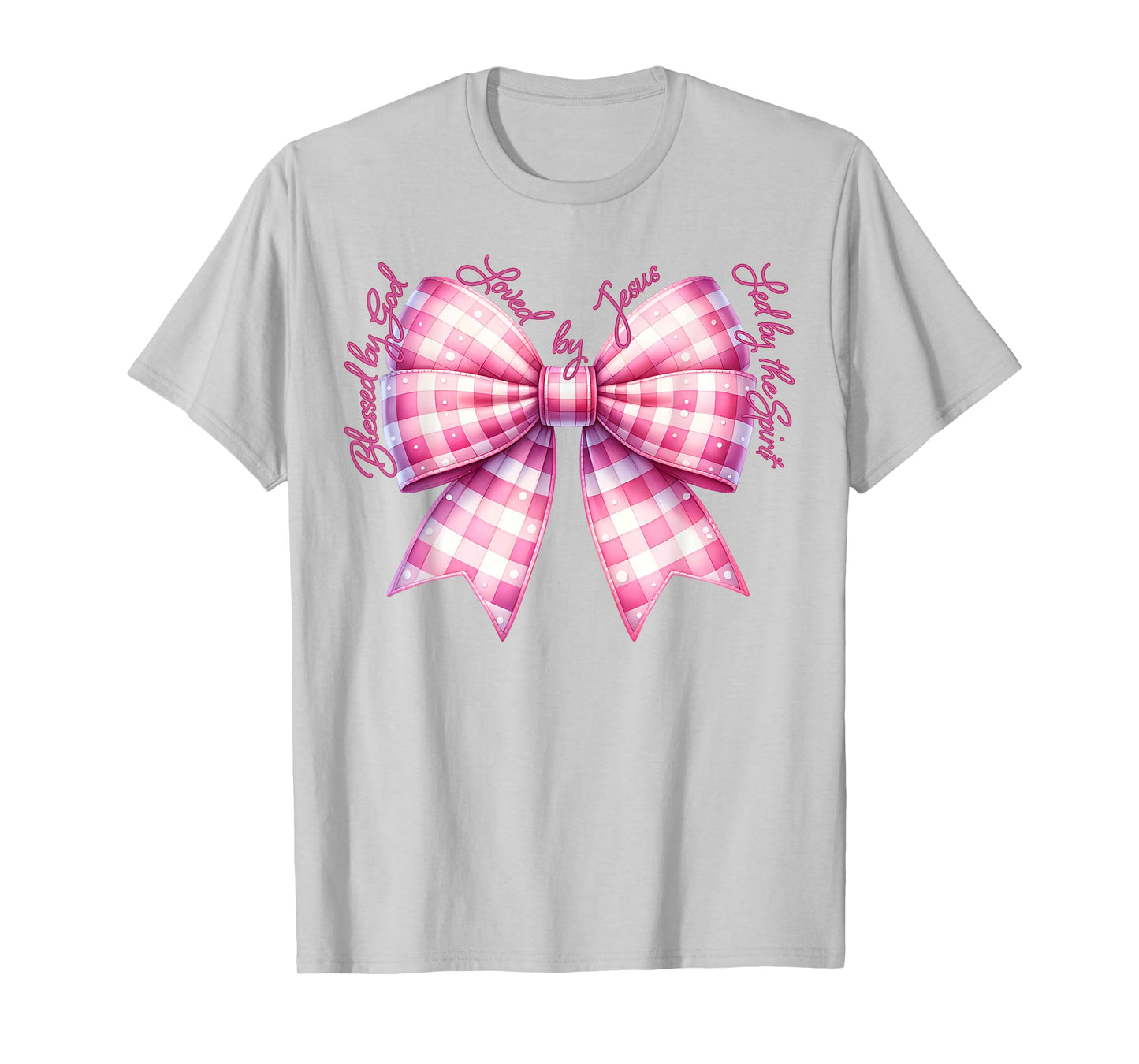 Blessed By God Loved By Jesus Pink Gingham Coquette Bow T-Shirt
