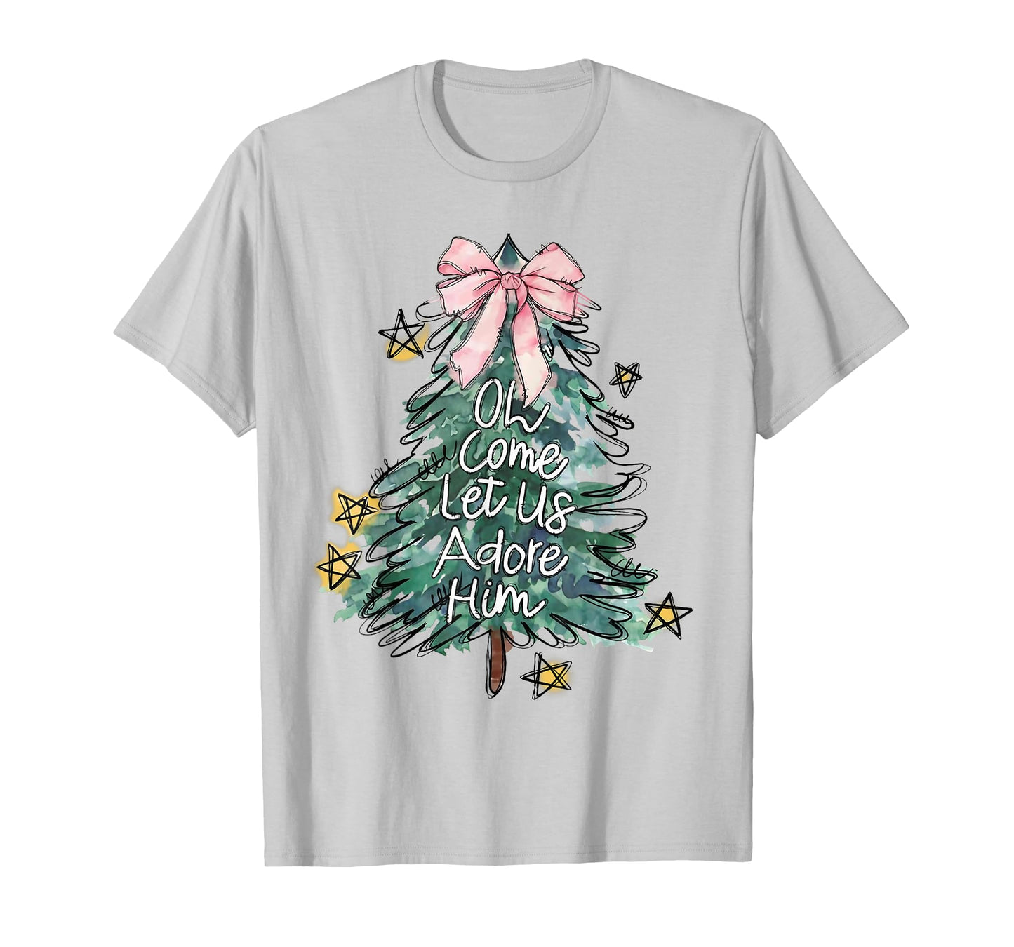 Oh Come Let Us Adore Him Christmas Xmas Tree Christian Jesus T-Shirt