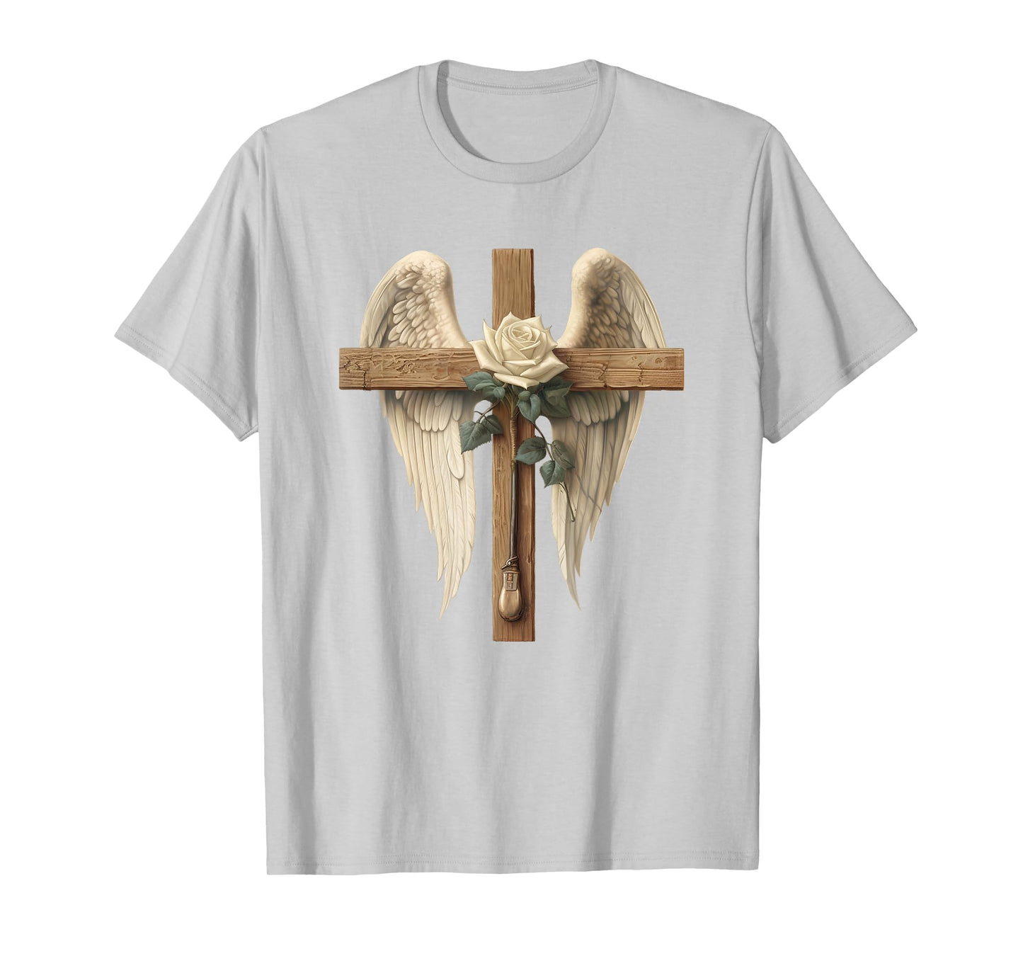 White Rose Flower Christian Cross For Women With Angel Wings T-Shirt