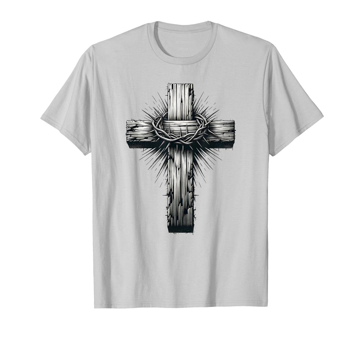 Rustic Wooden Cross Graphic Crown of Thorns Christian Faith T-Shirt