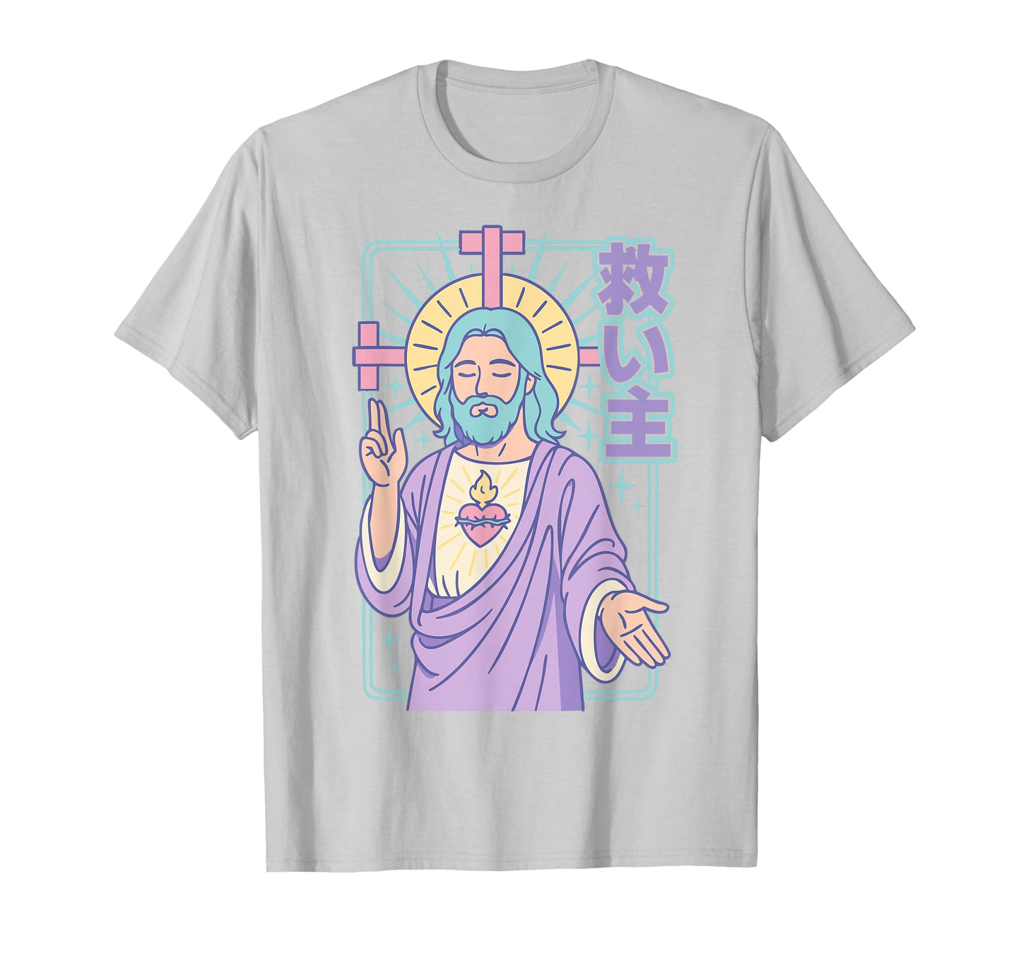 Christian Manga Jesus Sacred Heart Kawaii Anime Pastel Pink T-Shirt