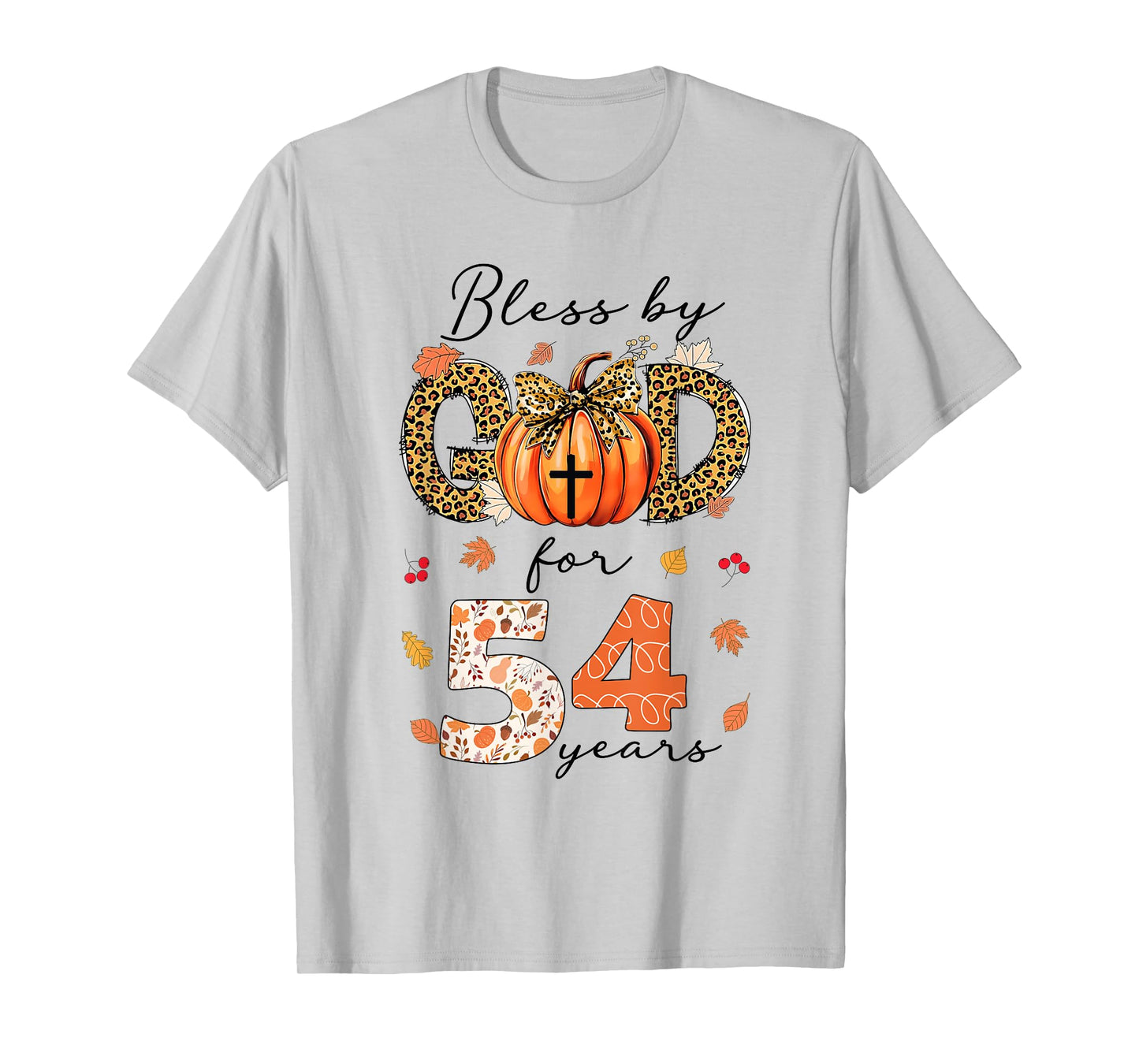 Blessed By God For 54 Years Old Woman Leopard Bow Pumpkin T-Shirt