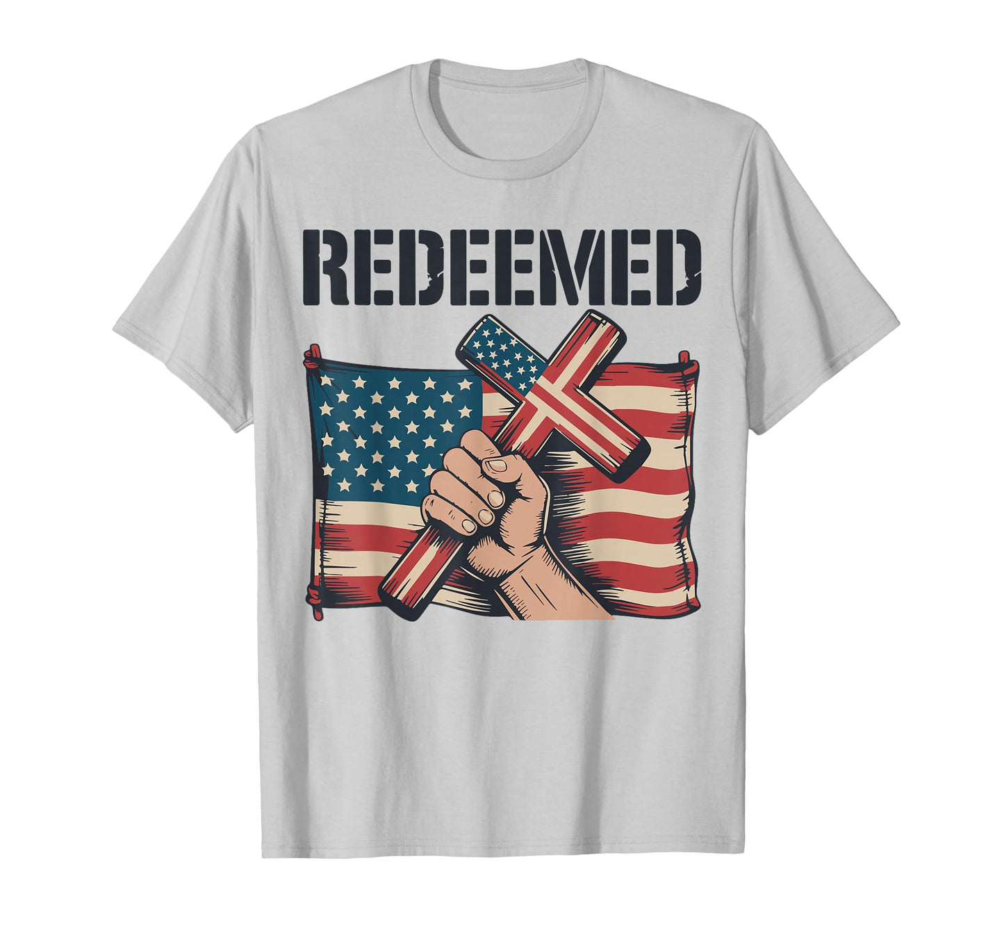 Men's Redeemed Christian Patriotic Cross Faith American Flag T-Shirt