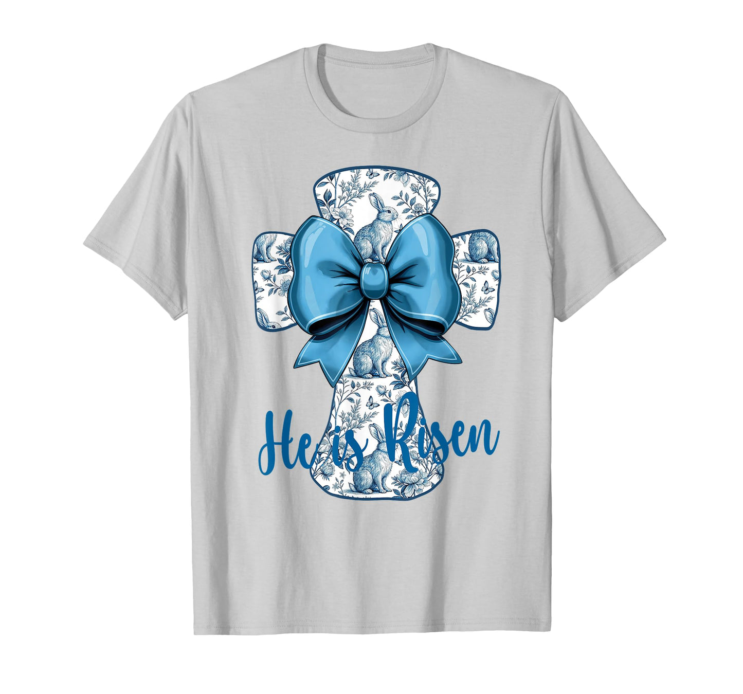 Easter Design He Is Risen Blue Toile Cross Christian Faith T-Shirt