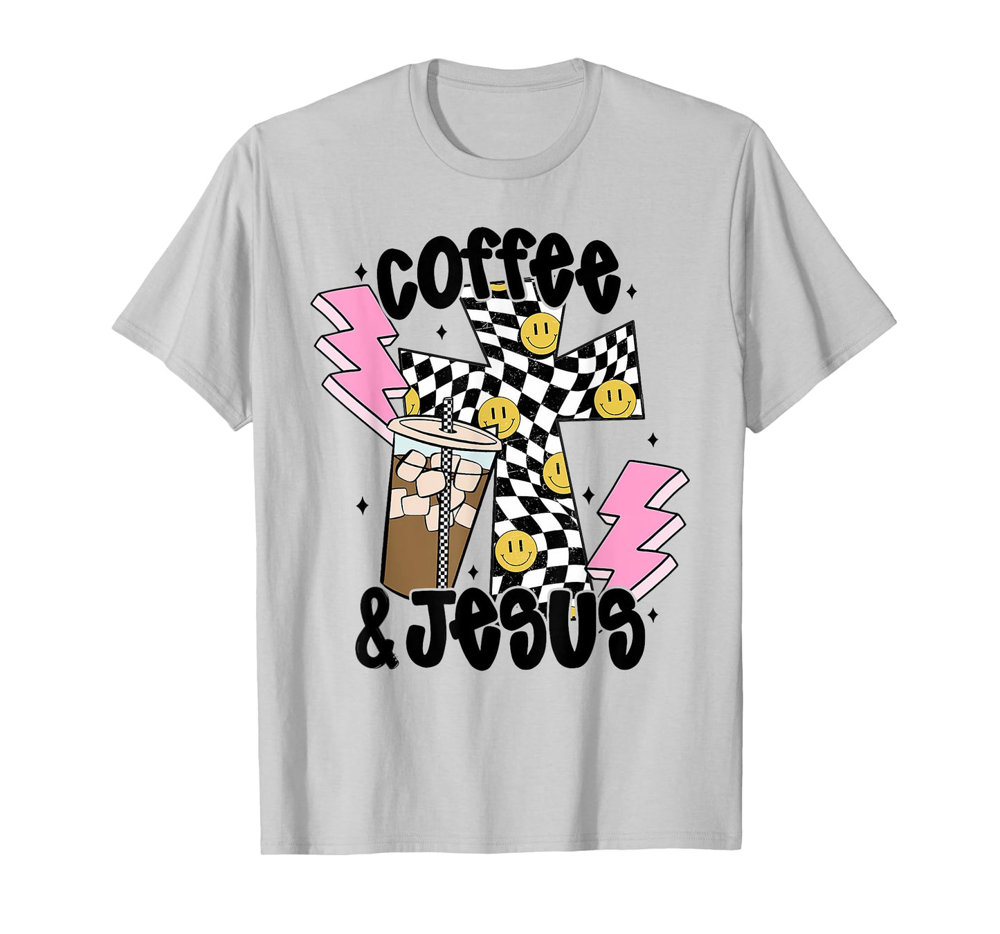 Retro Checkered Coffee and Jesus, Aesthetic Christian Women T-Shirt