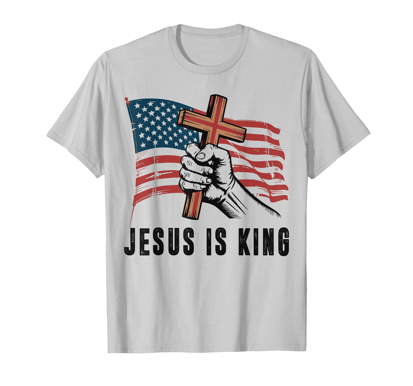 Mens Jesus is King American Flag Christian Patriotic Cross T-Shirt
