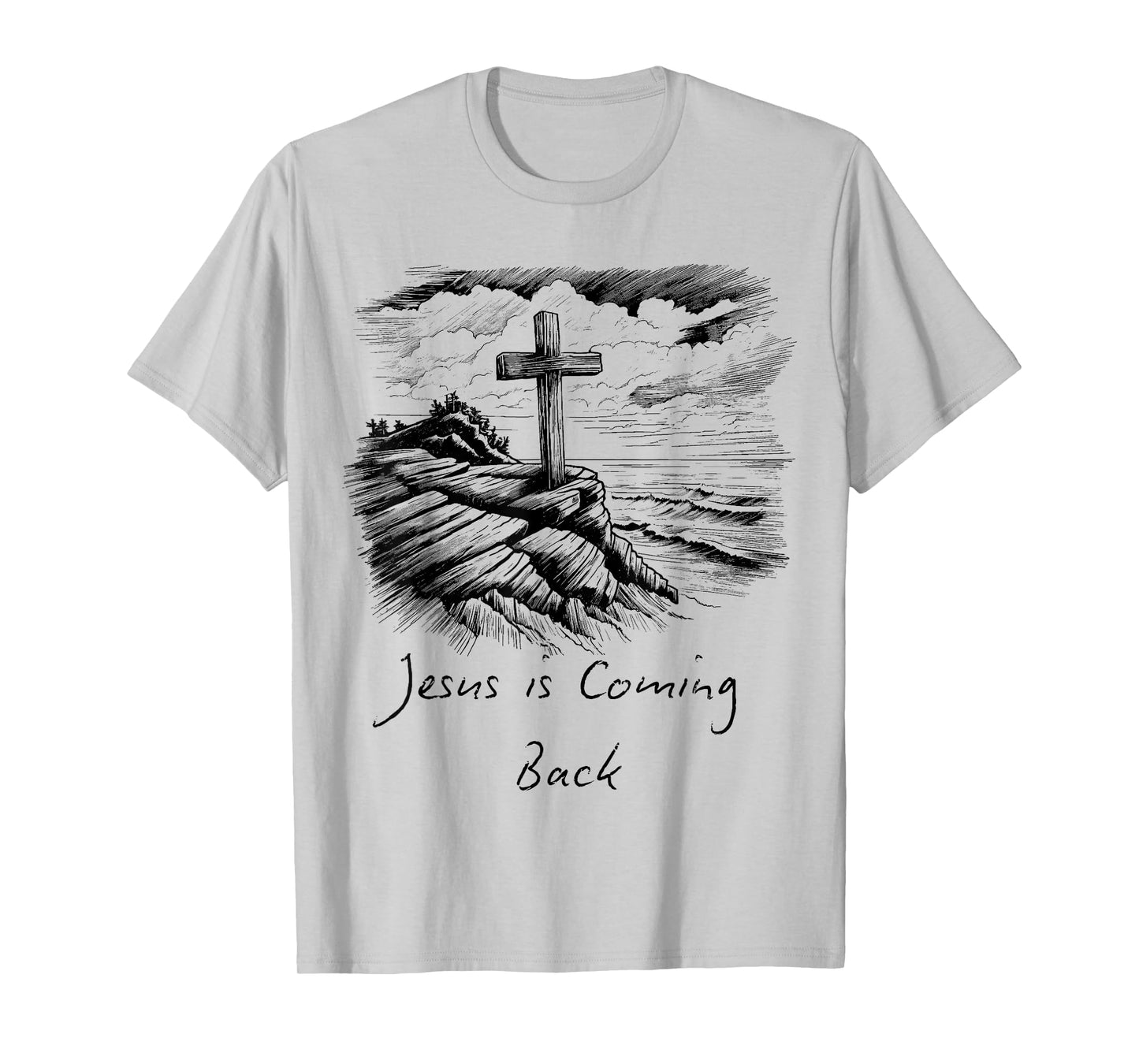 Jesus is coming Back sketch Drawing Cross Christian white T-Shirt
