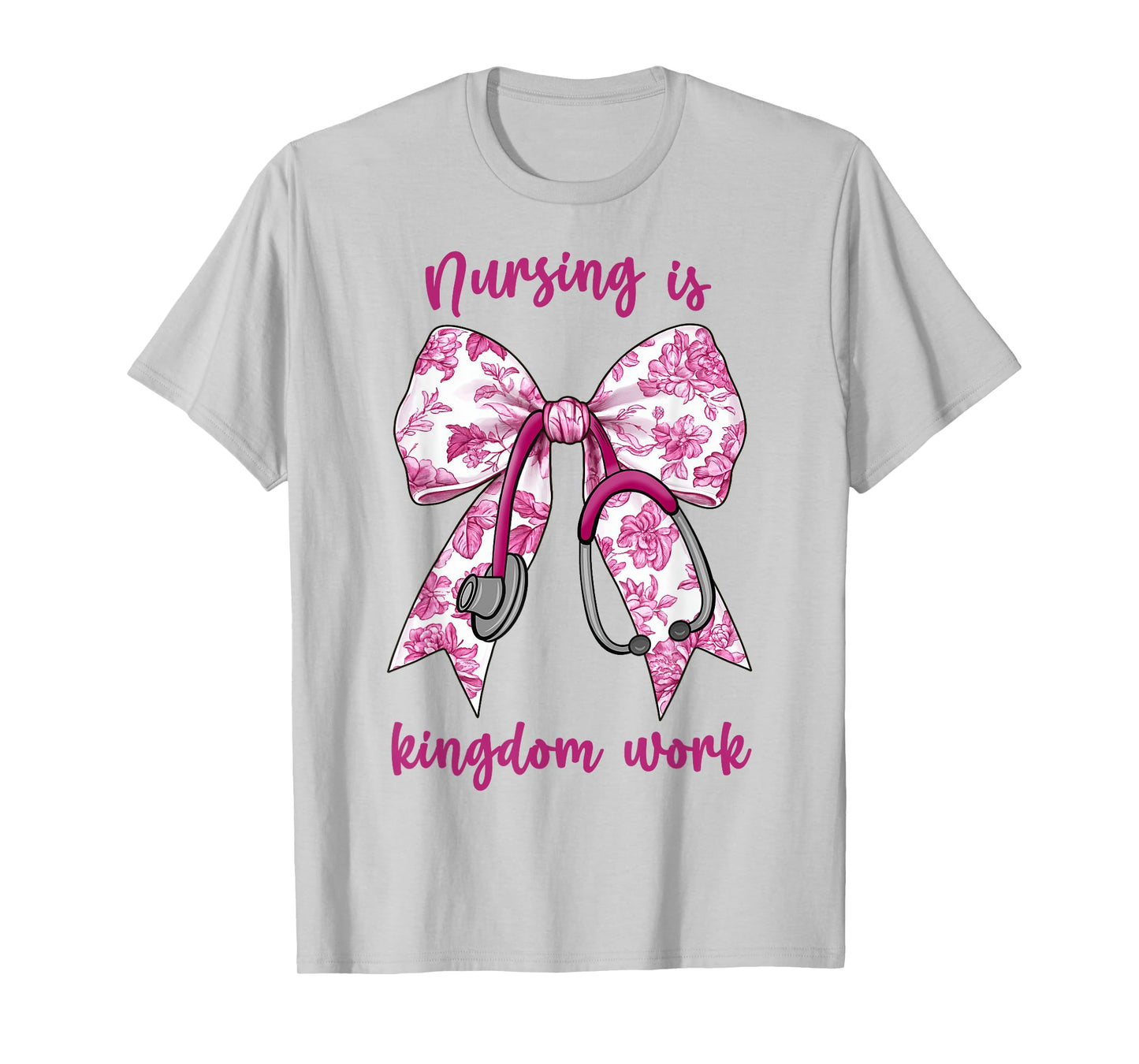 Christian Nurse, Nursing is Kingdom Work, Pink Toile Bow T-Shirt
