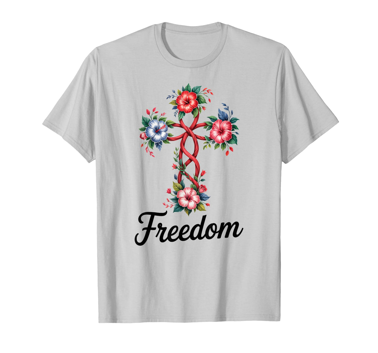 Freedom Floral Cross Design Christian Faith T-Shirt