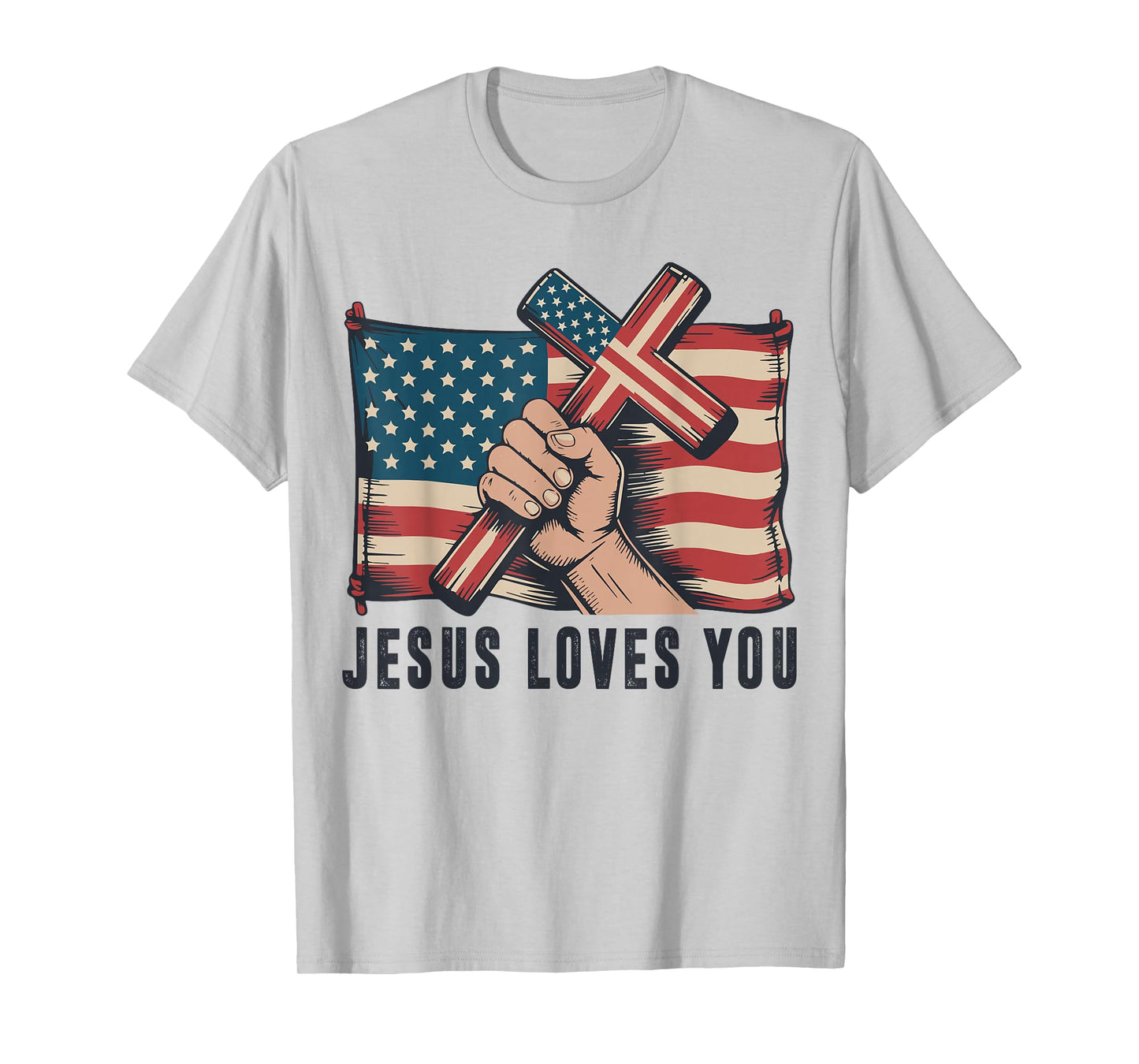 Mens Jesus Loves You Christian Patriotic Cross American Flag T-Shirt