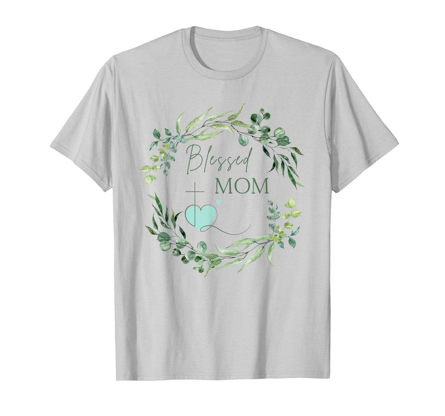 Blessed Mom with Cross and Heart Floral Wreath Christian T-Shirt