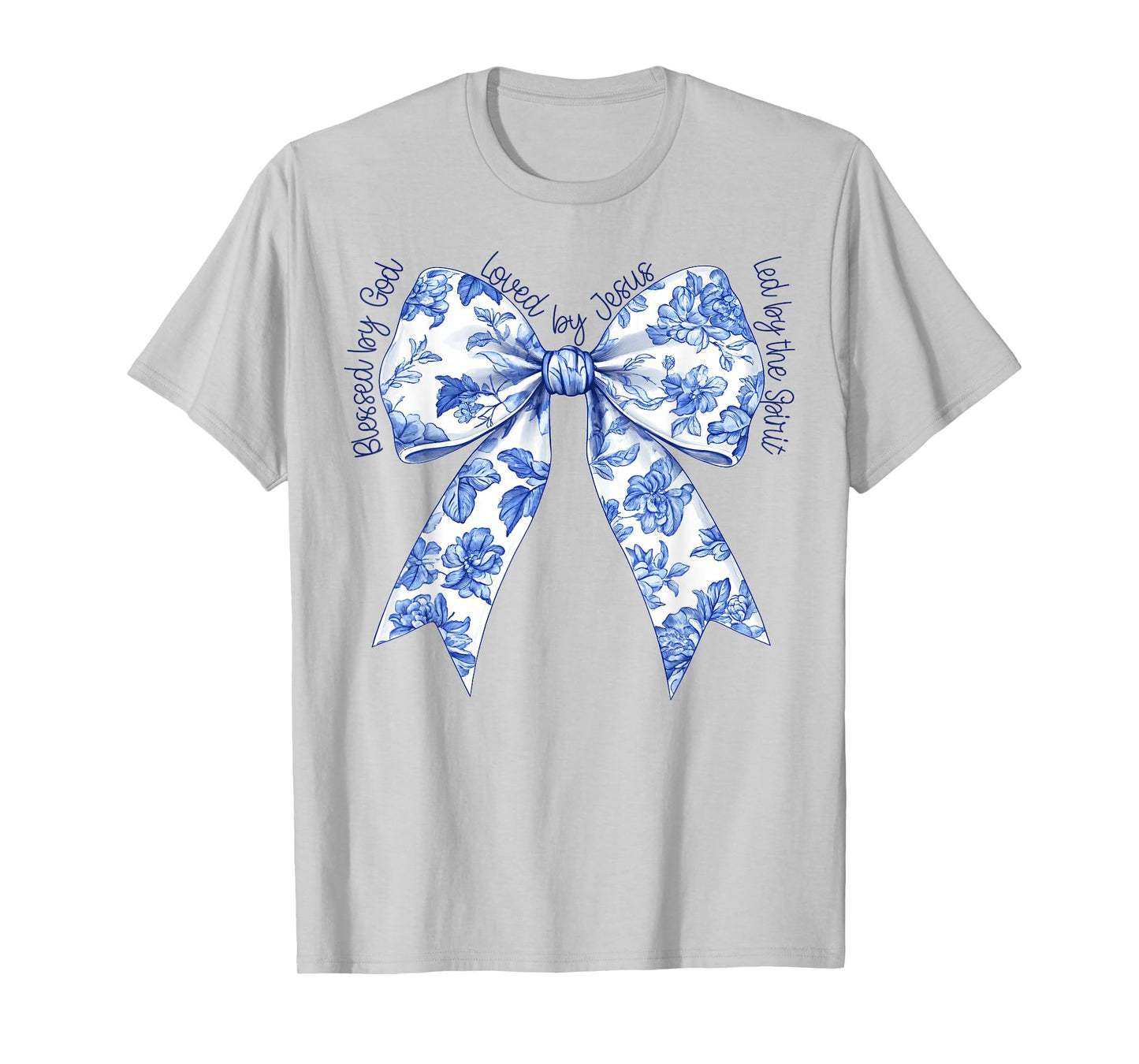 Blessed By God Loved By Jesus Blue Toile Coquette Bow T-Shirt