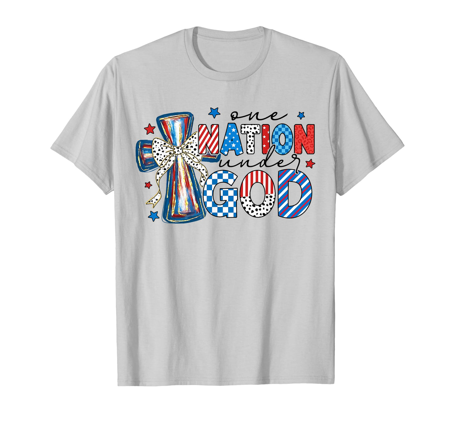 One Nation Under God USA Flag Cross Floral Christian Women T-Shirt