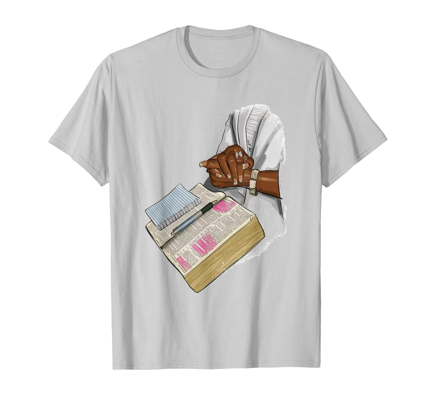 Hands Black Woman Praying Design Book Bible Religious Art T-Shirt