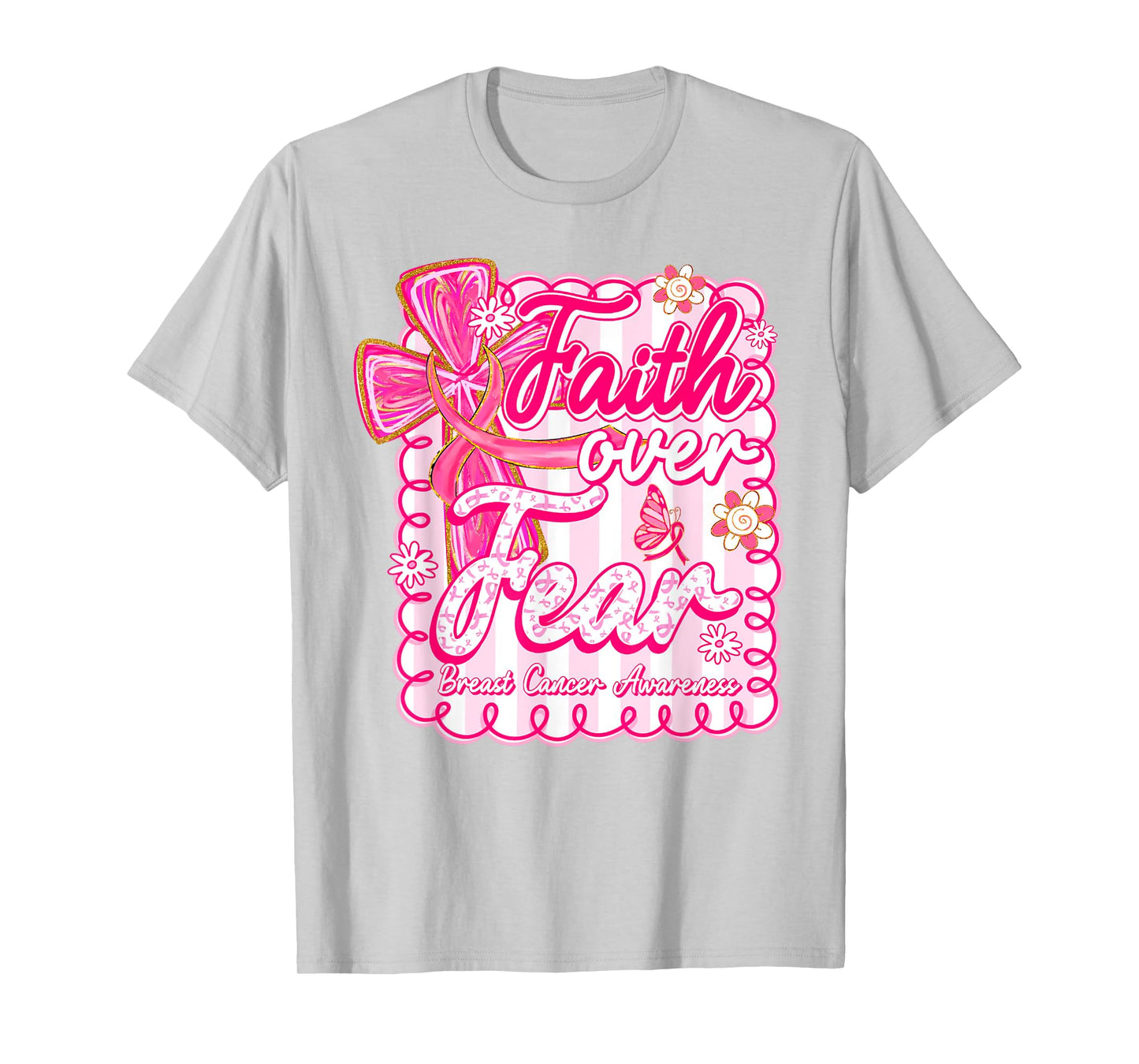 Faith Over Fear Coquette Bow Plaid Breast Cancer Awareness T-Shirt