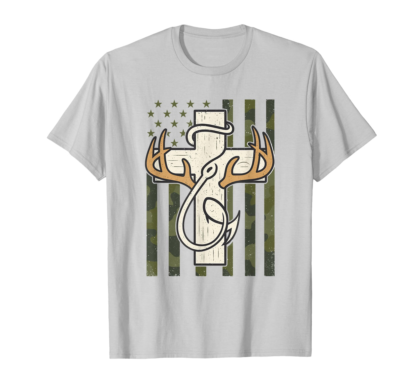 Cross Antlers Fishing Hook Camo Flag Christian Hunter T-Shirt