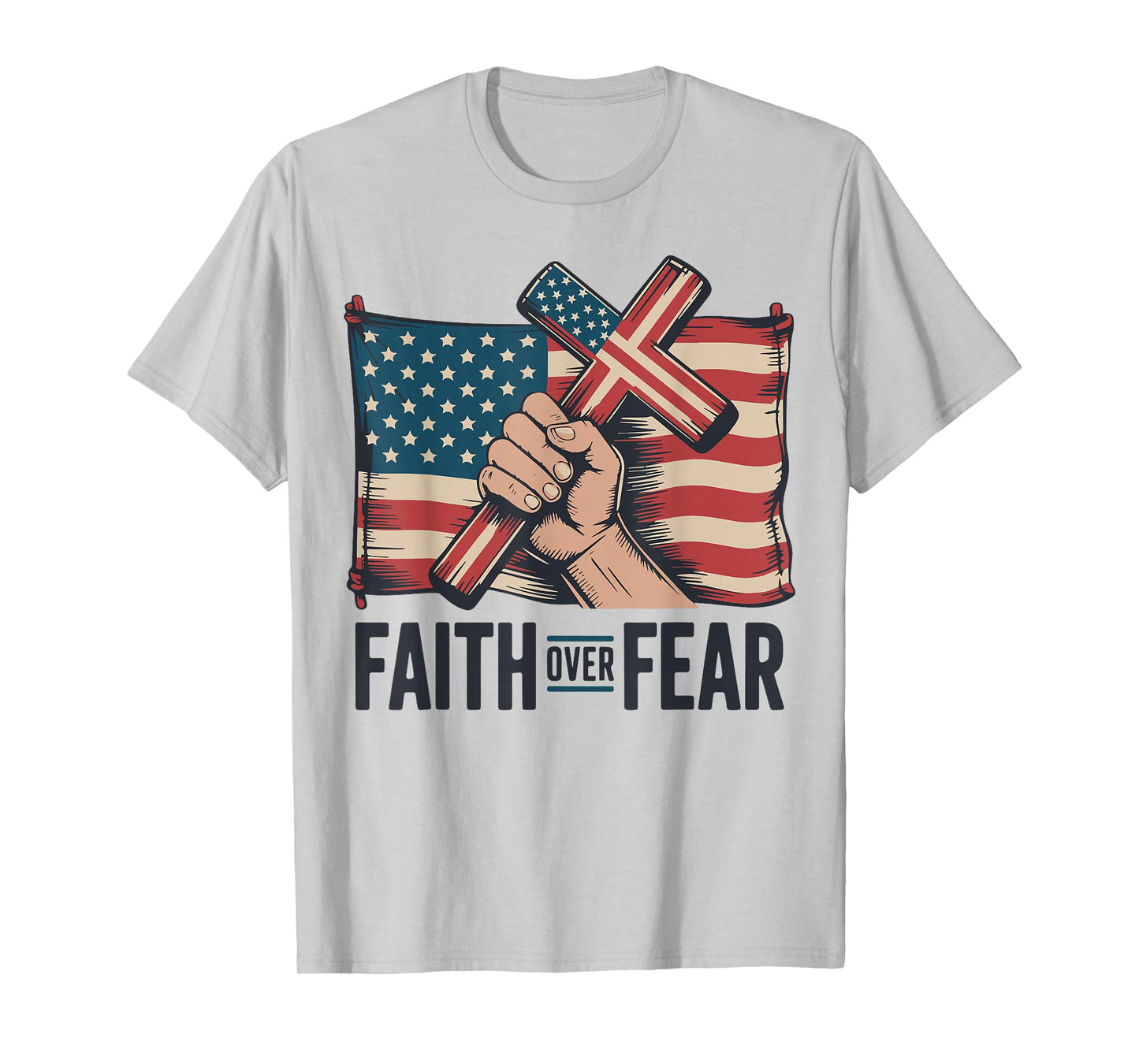 Christian Patriotic Cross Faith Over Fear American Flag Mens T-Shirt