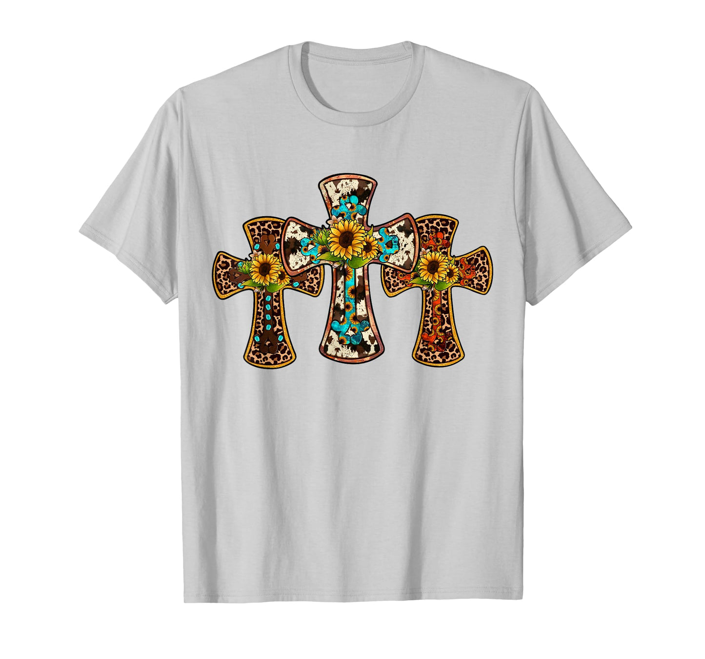 Western Cross Christian God Jesus Sunflower Cowhide T-Shirt