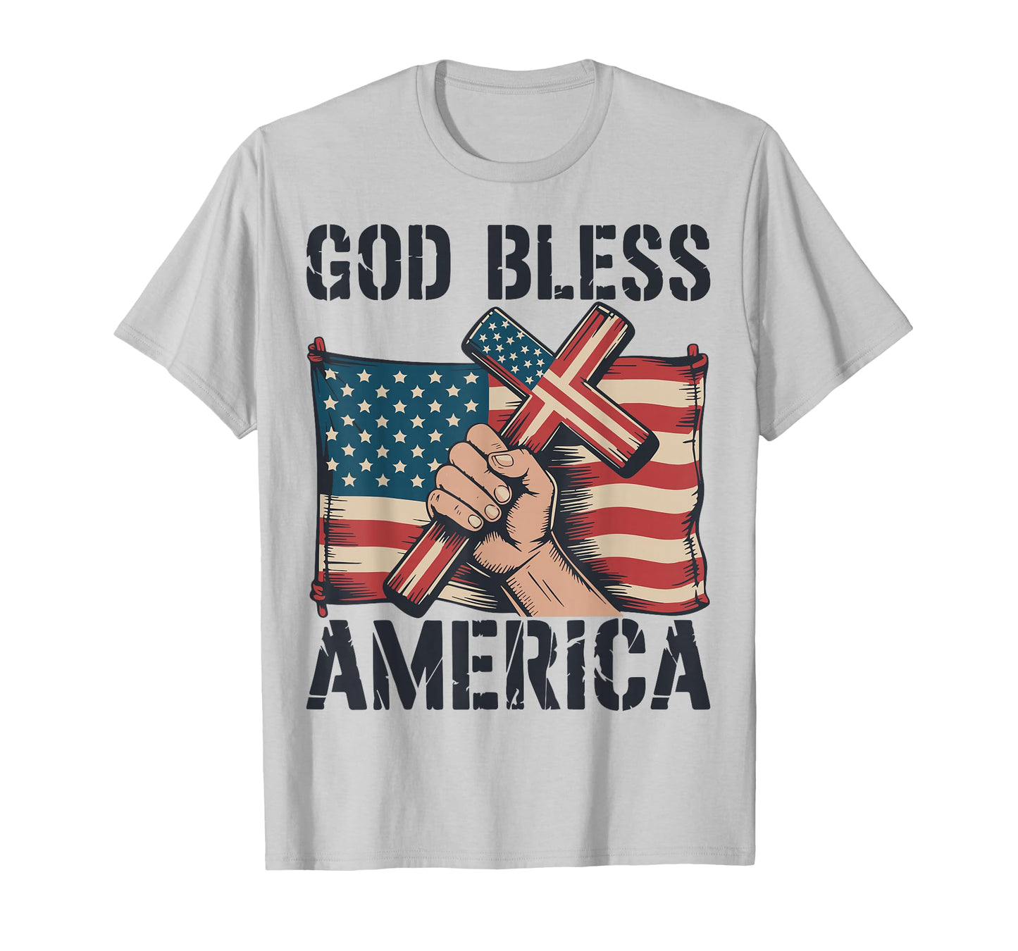 Mens God Bless American Flag Christian Patriotic Cross Jesus T-Shirt