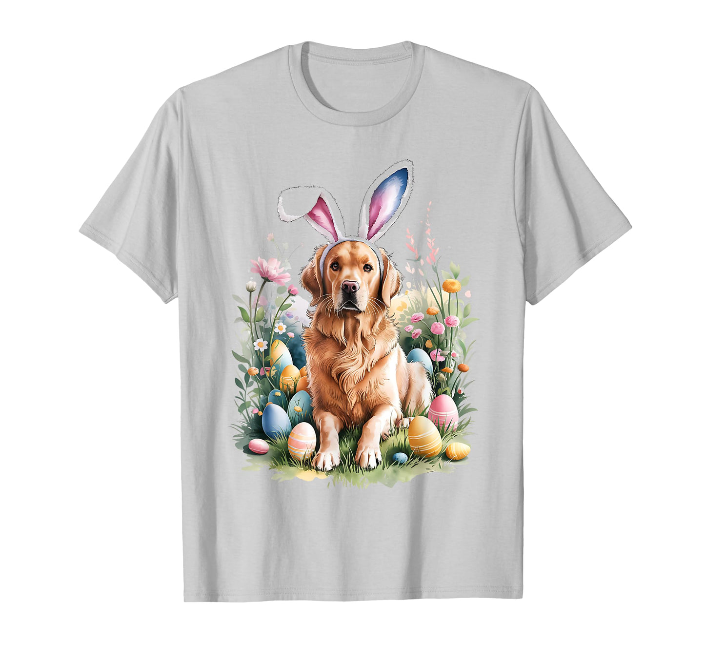 Golden Retriever Dog Bunny Ears Easter Eggs Spring Flowers T-Shirt