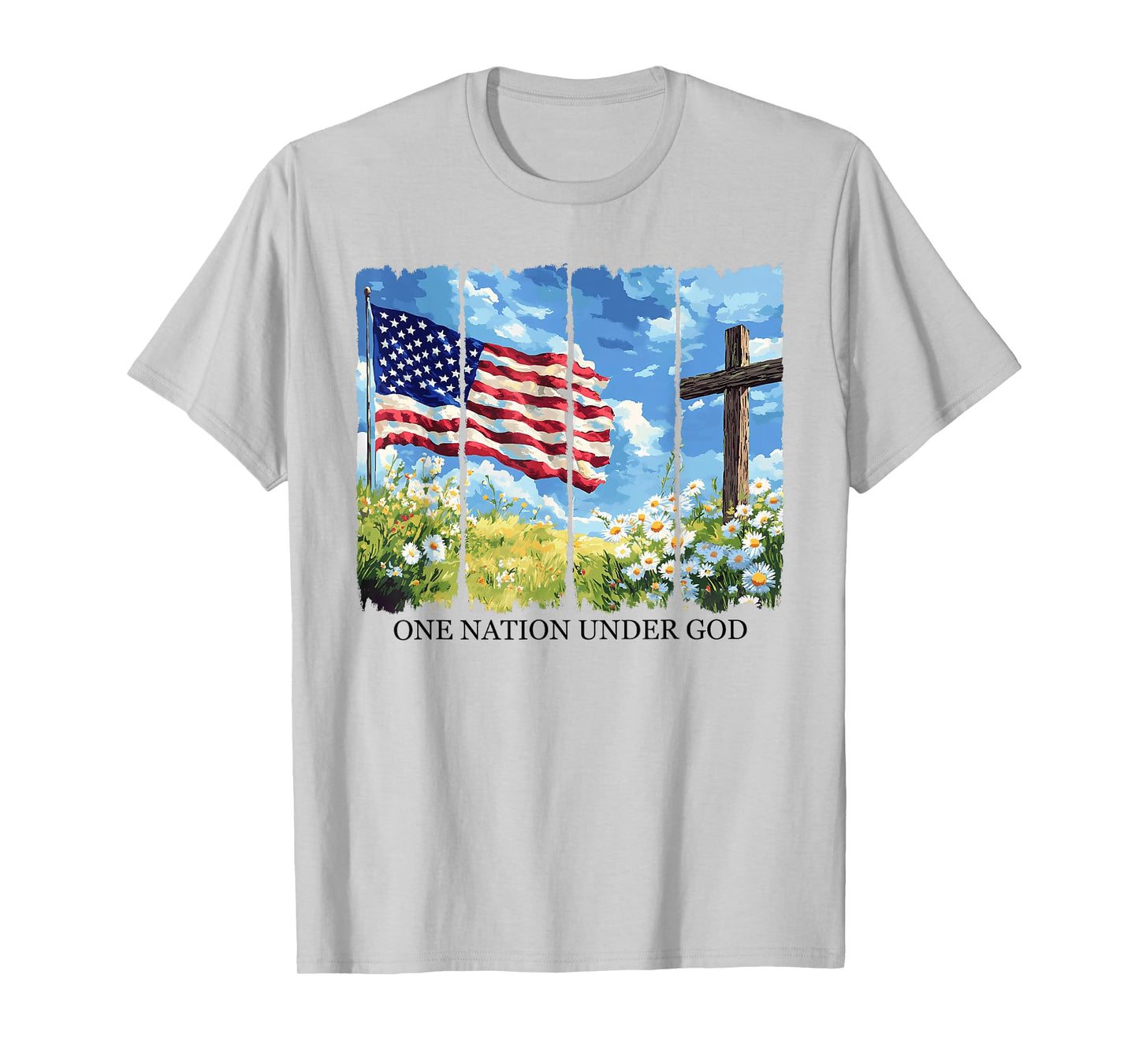 One Nation Under God USA Flag Flowers Red White Blue Cross T-Shirt