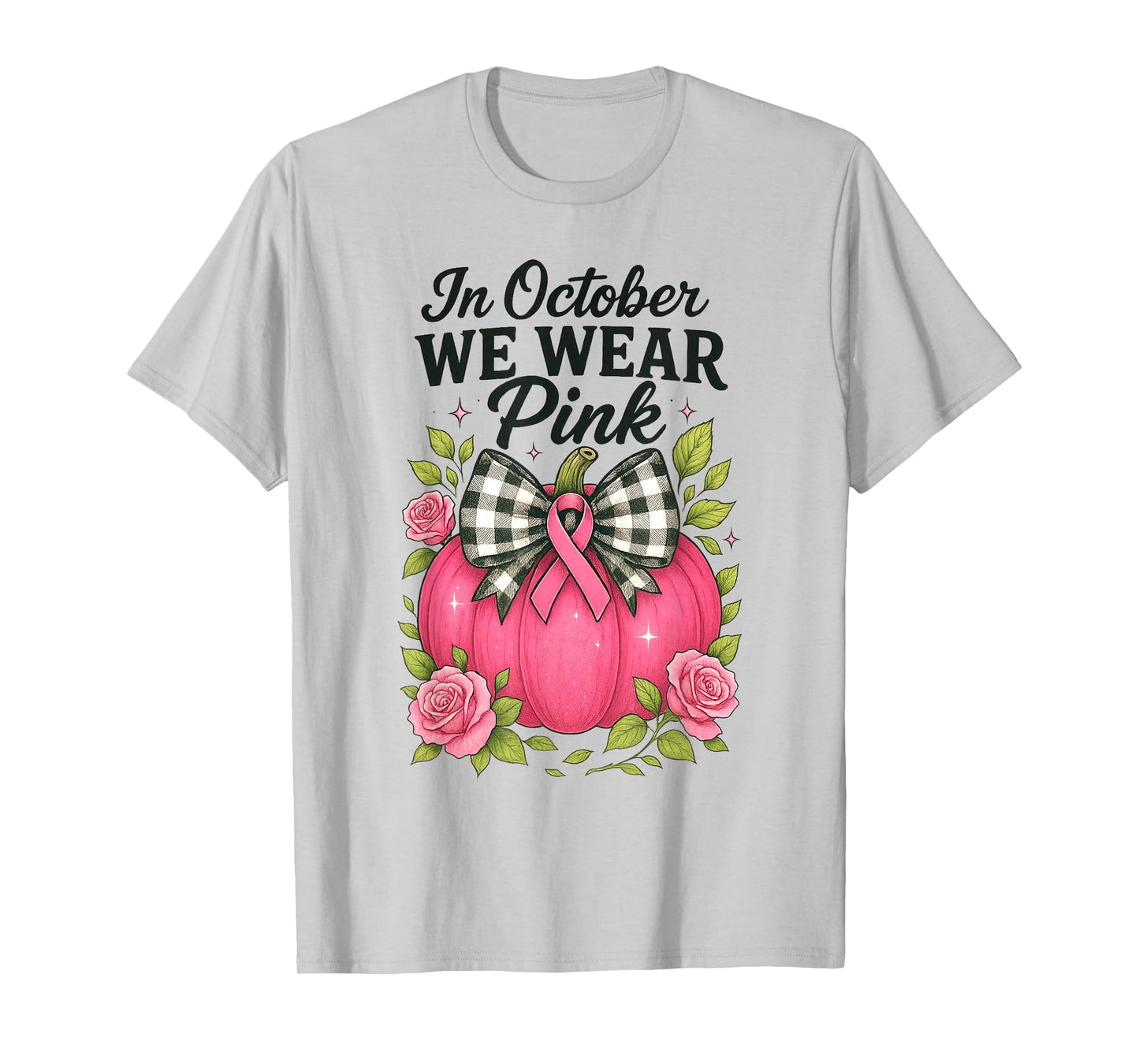 Bow Pumpkin in October We Wear Pink Breast Cancer Awareness T-Shirt