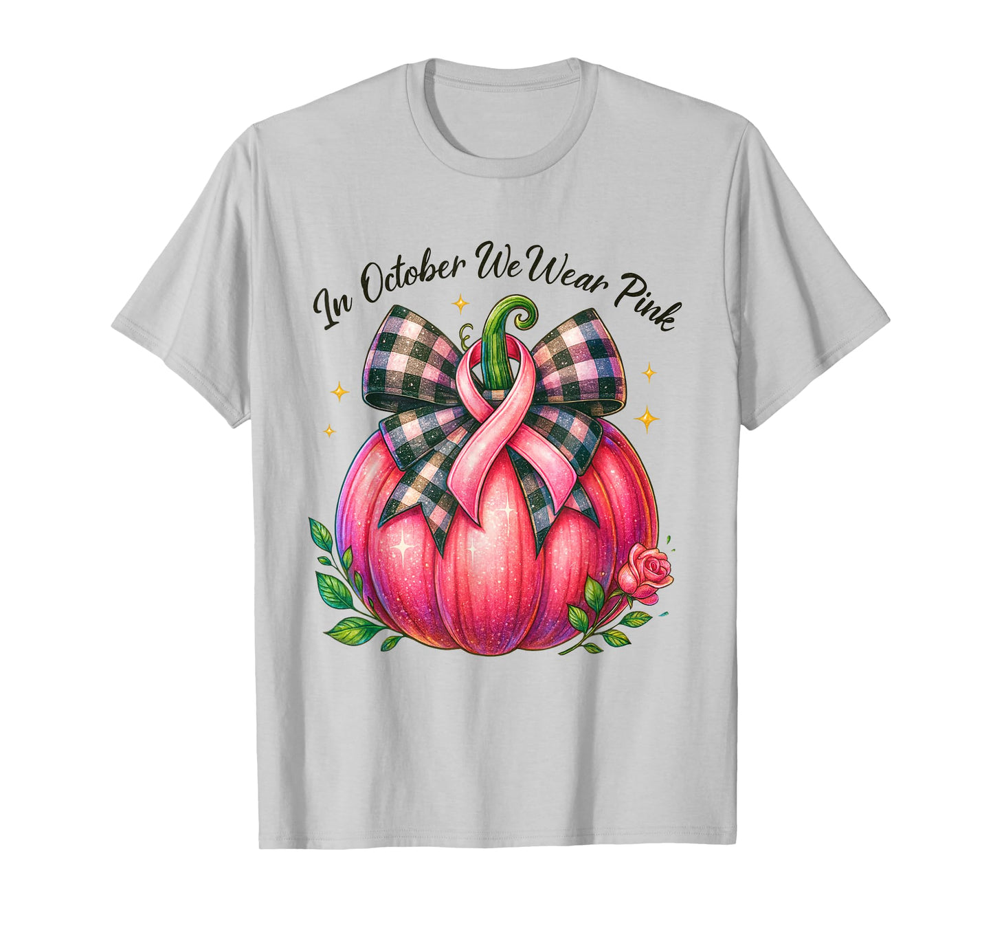 Bow Tie Pumpkin in October We Wear Pink Ribbon Breast Cancer T-Shirt