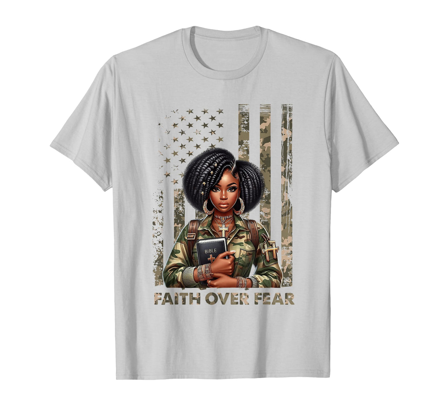 Faith Over Fear Christian Camo African American Afro Women T-Shirt