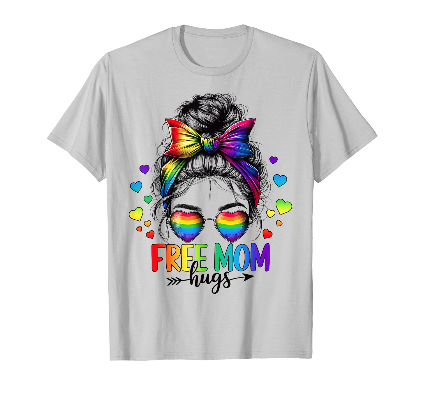 Free Mom Hugs LGBT Flag Messy Bun Trans Gay Pride Rainbow T-Shirt