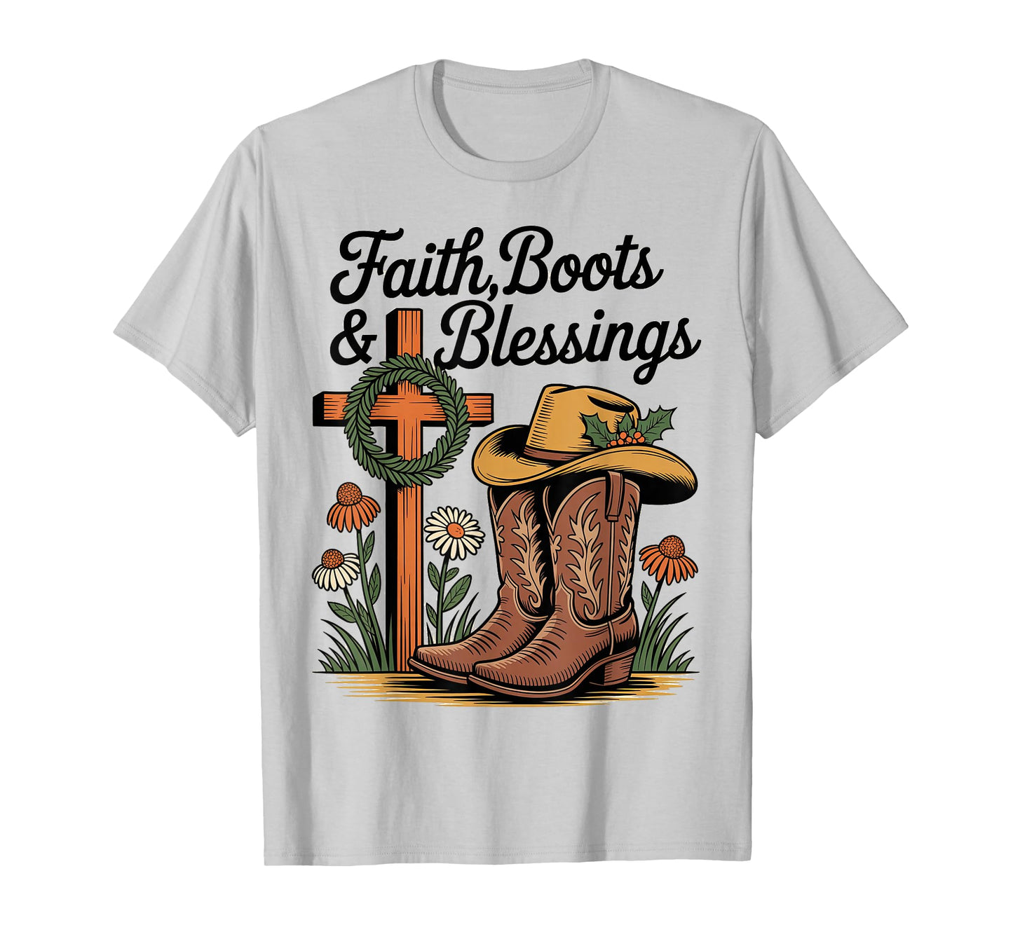 Faith Boots and Blessings Woodcut Rustic Retro Christmas T-Shirt