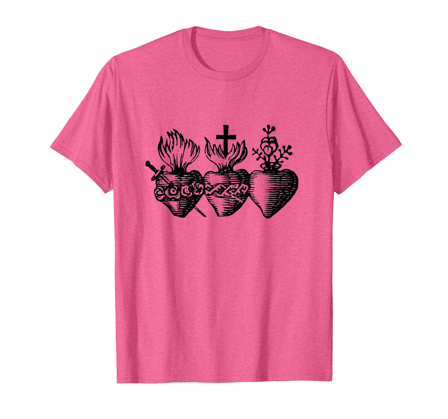 Sacred Hearts of Jesus Mary and Joseph Catholic Etching T-Shirt