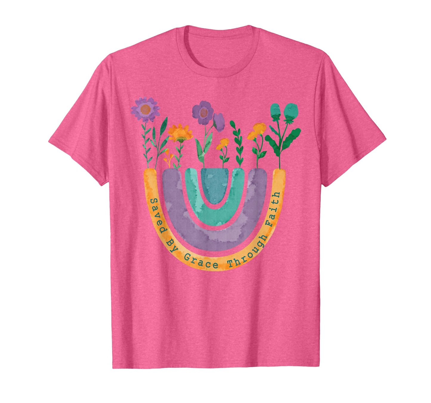 Saved By Grace Through Faith Christian Rainbow Wildflowers T-Shirt