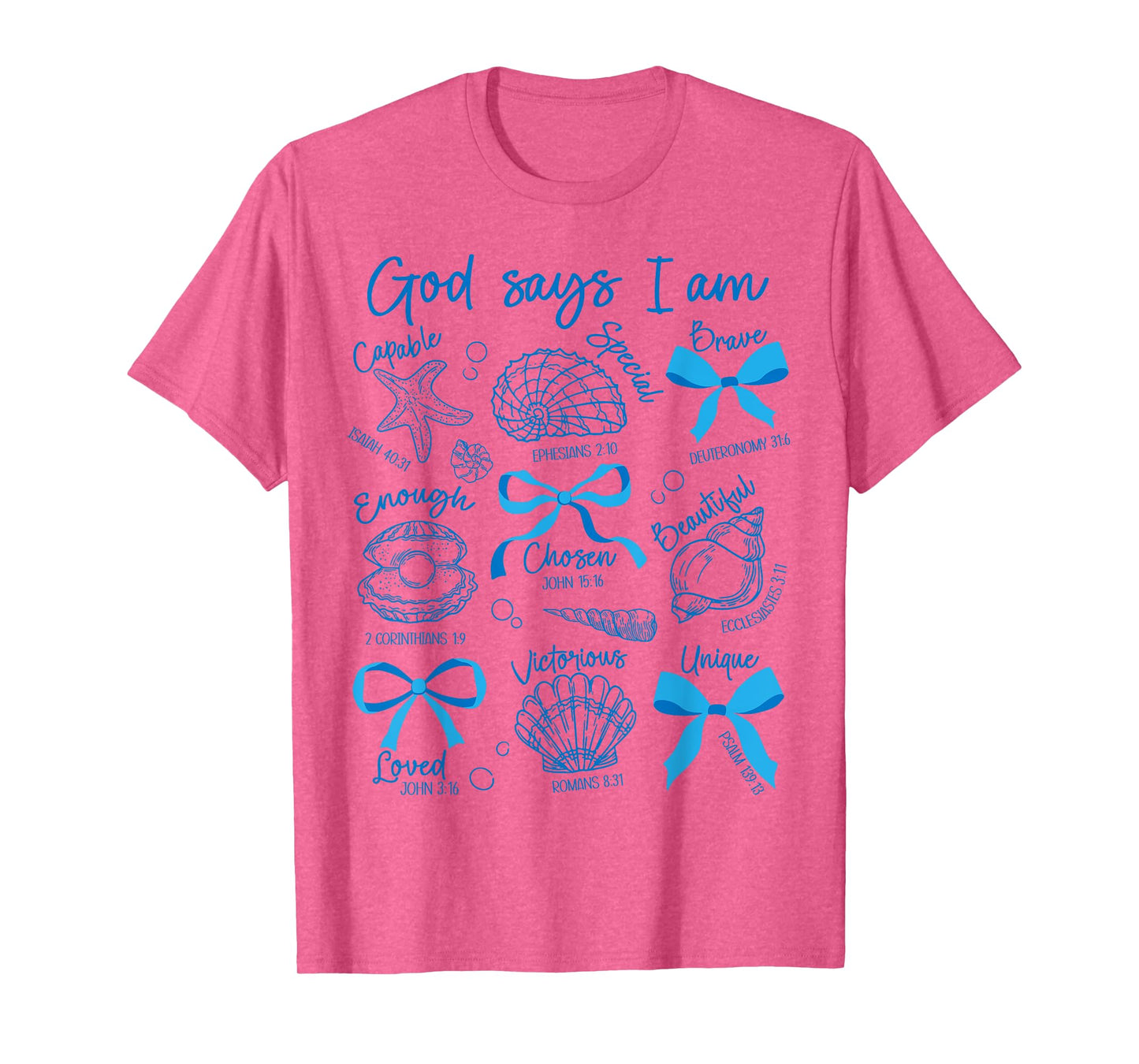 God Says I Am Seashell Starfish Ocean Coquette Bow Christian T-Shirt
