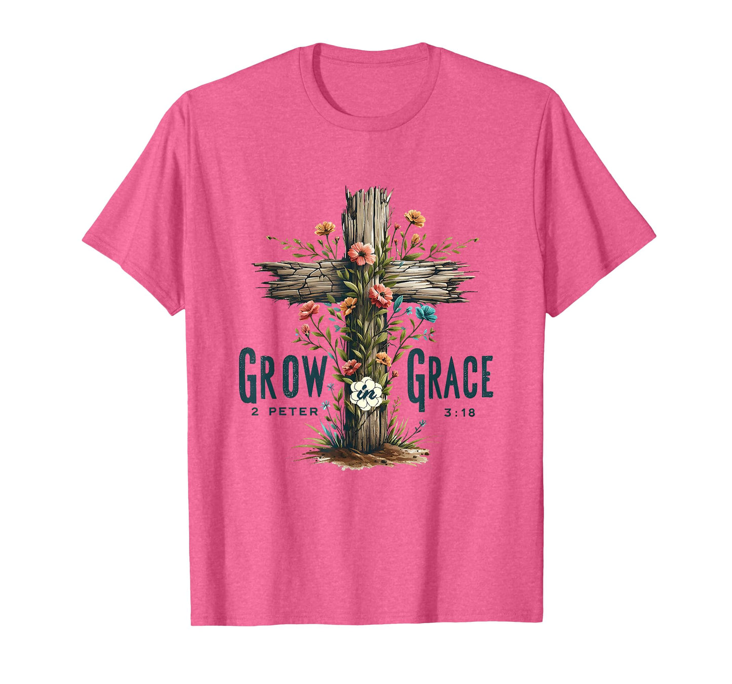 Christian Grow in Grace Bible Floral Cross T-Shirt