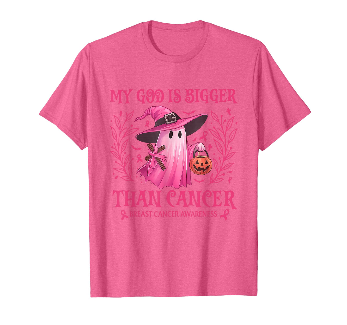 My God Is Bigger Than Breast Cancer Awareness Ghost Witch T-Shirt