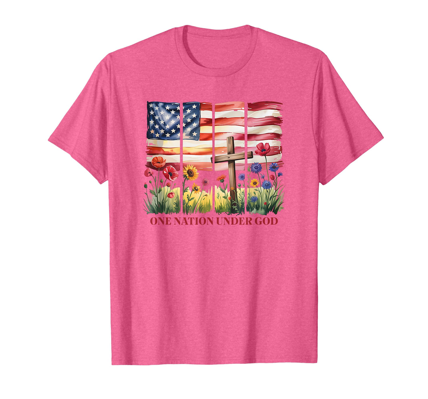 One Nation Under God American Flag Cross & Wildflower T-Shirt