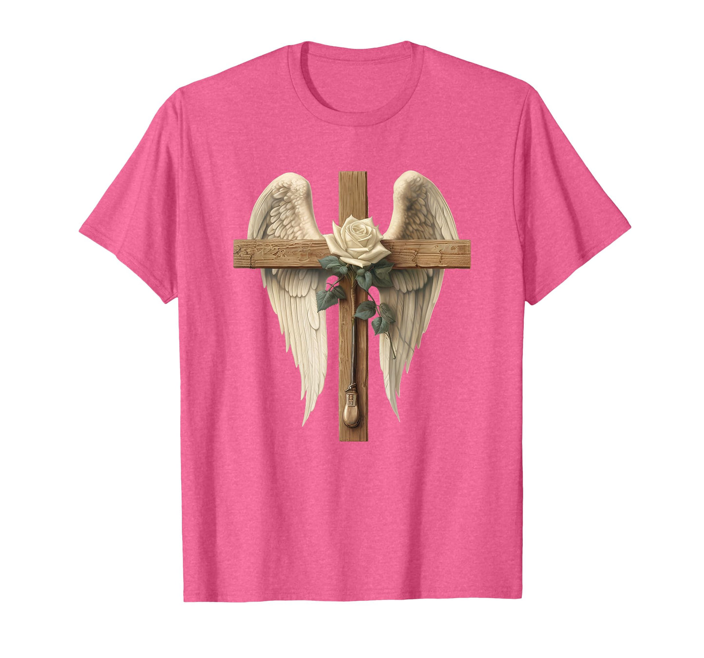 White Rose Flower Christian Cross For Women With Angel Wings T-Shirt