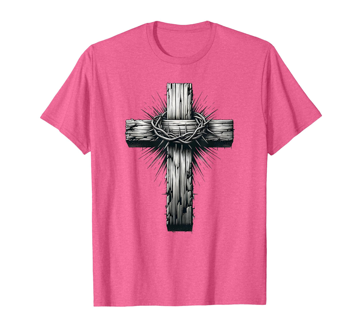 Rustic Wooden Cross Graphic Crown of Thorns Christian Faith T-Shirt