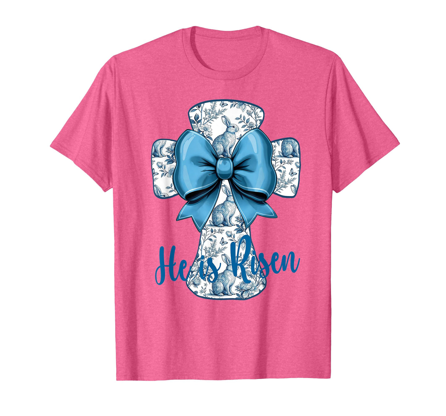 Easter Design He Is Risen Blue Toile Cross Christian Faith T-Shirt