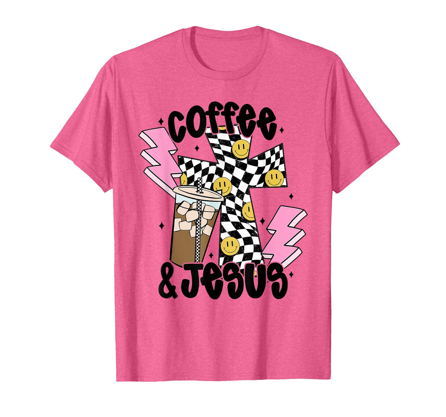 Retro Checkered Coffee and Jesus, Aesthetic Christian Women T-Shirt