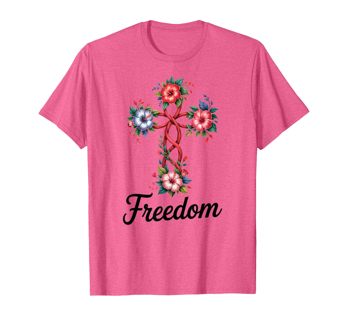Freedom Floral Cross Design Christian Faith T-Shirt