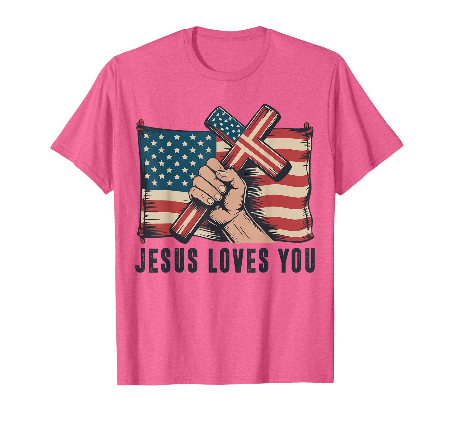 Mens Jesus Loves You Christian Patriotic Cross American Flag T-Shirt