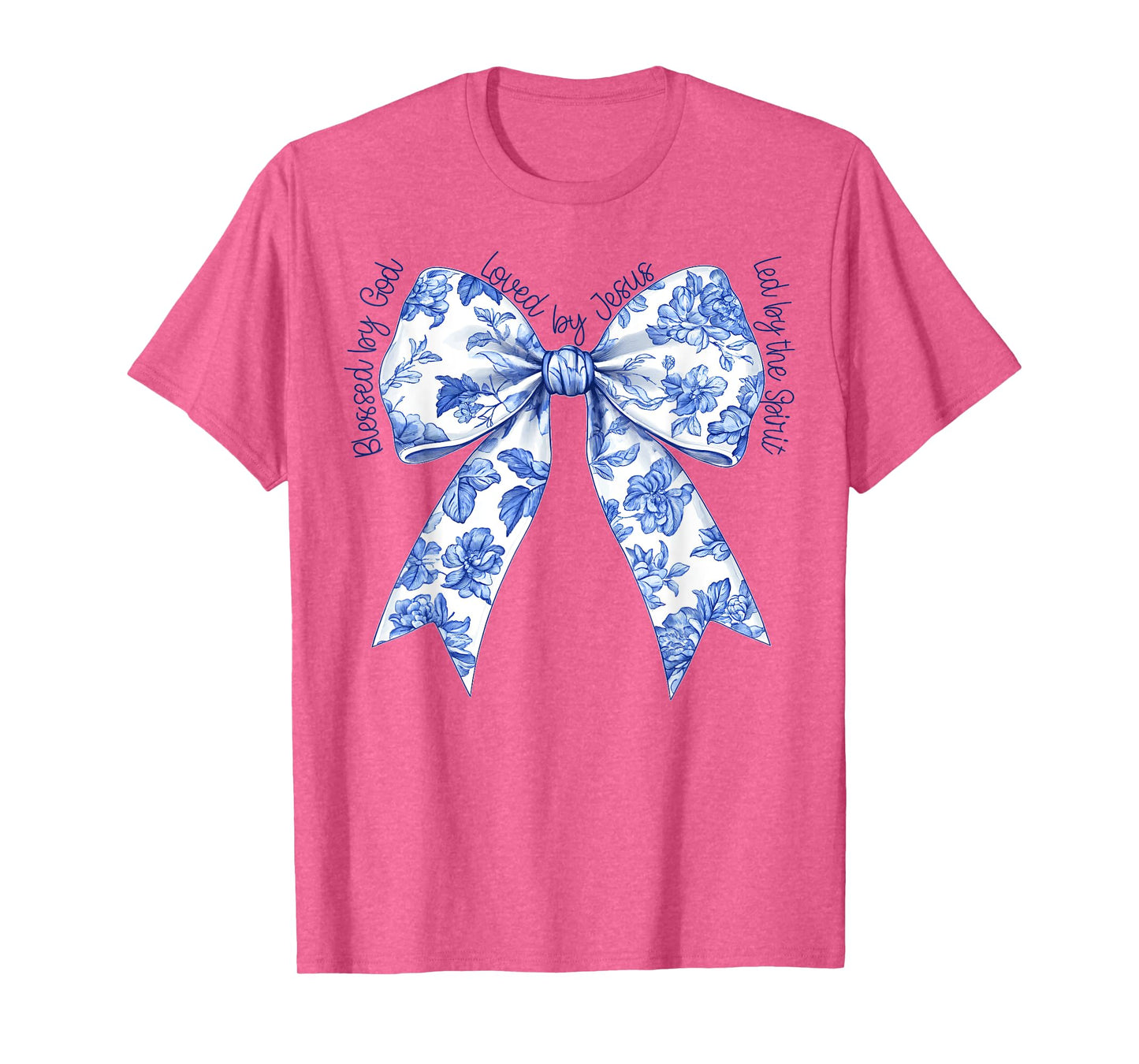 Blessed By God Loved By Jesus Blue Toile Coquette Bow T-Shirt