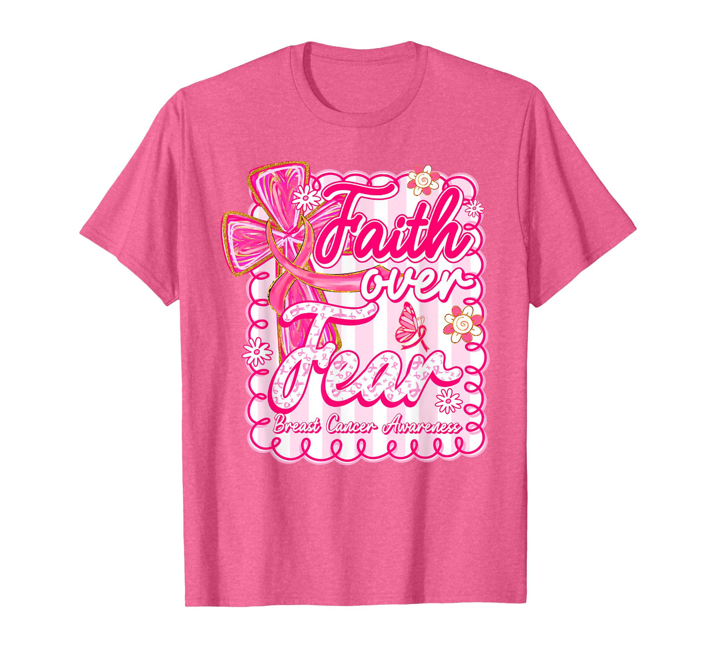 Faith Over Fear Coquette Bow Plaid Breast Cancer Awareness T-Shirt