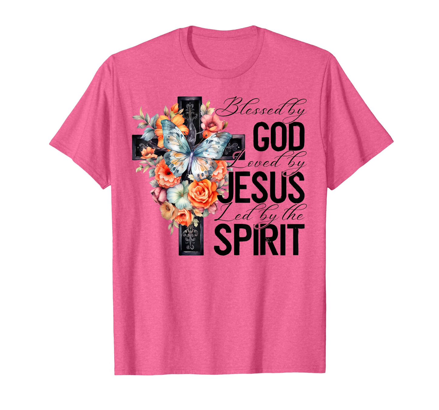 Blessed By God Loved By Jesus Floral Cross Faith Christian T-Shirt